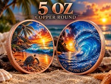 PRESALE Turtle And Beach High Relief 5 Oz .999 Colorized Copper Round picture