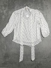 Renee C Blouse Womens Large White Polka Dot Tie Neck V Neck 3/4 Sleeve Chiffon picture