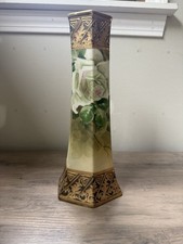 Nippon Antique Hand Painted Porcelain Hexagon Vase Rose Floral Gold Trim picture