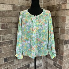 70s VTG Sears Floral Garden Butterfly Print Boho Blouse Wmns 14 Long Sleeve 16D9 picture