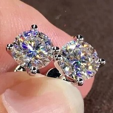 Round Cut 2Ct Real Moissanite Solitaire Stud Earrings 14K White Gold Plated picture