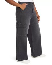 NWT Jessica Simpson Women's Cargo Jeans Washed Black 10 High Rise Wide Leg picture