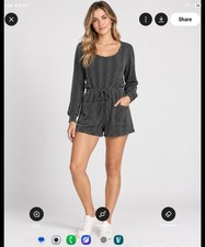 Gilli NWT black gray ribbed long sleeve tie waist romper pockets size S picture