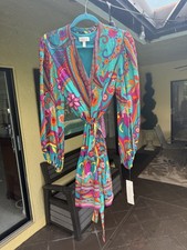 Adrianna Papell Dress Size 8 Teal Multi Floral Long Sleeve Tie Waist Mini NEW picture