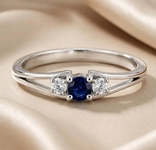 three stone blue sapphire sterling silver ring Round Cut Engagement Promise Ring picture