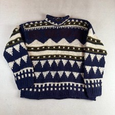 Afghan Bluesky Co Mens Hand Knitted 100% Wool Sweater Ecuador Navy Blue Cream picture