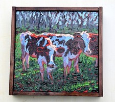 Charlene Marsh 8x8 Framed Original Oil Painting Cows Textured Hand Wall Decor picture