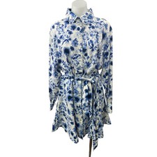 H&M Women's White Blue Floral Belted Long Sleeve Button Down Mini Shirt Dress L picture