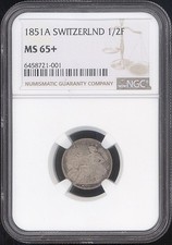 1851-A Switzerland Silver 1/2 Franc NGC MS65+ picture
