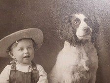 Antique 1910s Studio Photo Young Boy Straw Hat Overalls & Spaniel Dog Wicker  picture