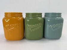 Mason Craft & More Ceramic Canister Jars Trio Blue Green Gold Harvest MCM picture