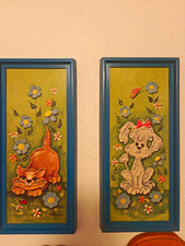 Vintage Mid Century Edna Vierra Poodle Orange Cat 3D Framed Art Pair picture