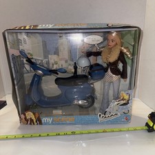 2003 Mattel My Scene Barbie Vespa Giftset featuring a blue scooter and doll picture