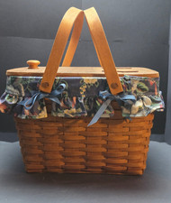 Longaberger 1993 Picnic Basket Wood Lid Floral Liner Leather Handles Complete picture