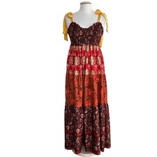 Boho Hippie Tiered Maxi Womens Dress S Red Brown Floral Smocked Festival Gypsy picture