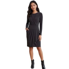 Tahari Black Long Sleeve Pleated Faux Wrap Sheath Dress with Pockets Size M picture