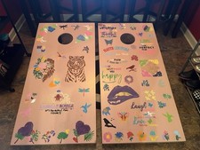 Peace & Love Corn Hole Boards. I Hand Stenciled These Boards As A Coping Skill.. picture