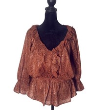 Entro Leopard Print Ruffled Peplum Blouse Womens S Brown V Neck 3/4 Sleeve NEW picture