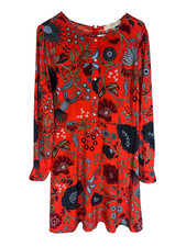 ANN TAYLOR LOFT Dress Size 12 Red Floral Long Sleeve Boho Garden Summer Cottage picture