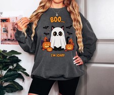 Halloween Sweatshirt Boo I'm Scary Spooky Season Ghost Cat Pullover picture