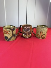 Vtg 1970s Otagiri Japan Speckled Stoneware Floral Coffee Mugs Lot of 3 picture
