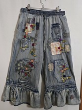 NWT BLUE VELVET Women's Crop Bloomer BLUE Jeans Embroidery Patchwork Sz M picture