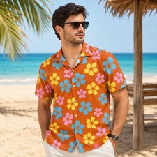 Unisex Hawaiian Button Up Shirt Orange Floral Beach Vacation Matching Couples picture