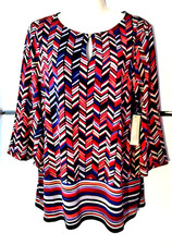 NEW WOMEN'S CHICO'S CHEVRON BORDER 3/4 BELL SLEEVE KEYHOLE TUNIC TOP SIZE 1 M picture