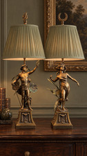 Vintage Pair Art Nouveau Figural Lamps Male Female Brass Olive Shades 32in picture