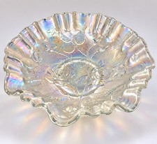 Antique c1911 Imperial Open Rose Ice White Carnival Glass Ruffled Bowl 9