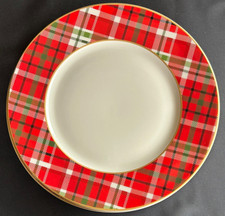 3 Pier 1 Haddington Plaid Dinner Plates Red Green White Rim Gold Trim  EXC picture