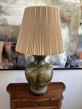 Vtg WESCAL Ceramic Table Lamp Tortoise Glaze MCM Green Brown Brass Pleated Shade picture
