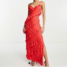 Pretty Lavish Nadine Asymmetrical Ruffle Maxi Dress in Ruby Red Size 6 NEW picture