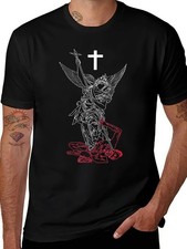 Saint Michael Archangel T-Shirt Mens Black Graphic Tee Christian Cross Faith Shi picture