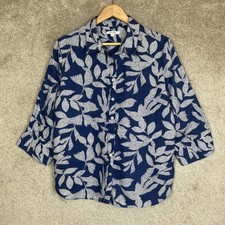 Chico's Shirt Womens 3 Blue White Linen Button Front 3/4 Sleeve Collared- 5307 picture