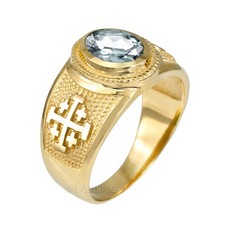 14K Gold Jerusalem Cross Birthstone CZ Ring Crusader Christian Religious Unisex picture