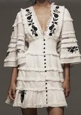 Anthropologie Sz Large White Embroidered V-Neck Ruffled Tiered Mini Dress Cotton picture