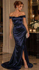 Windsor Navy Satin Maxi Dress sz M Ruched Mermaid NWT Prom Formal Off Shoulder picture