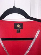 JM Collection Women’s Plus 2X Red Solid V-Neck 3/4 Sleeve Rhinestone Blouse picture