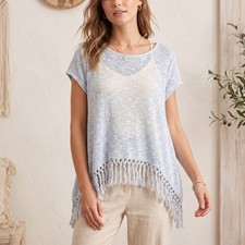 Umgee Fringe Tassel Knit Top Blue Pastel Stretch Boho Soft Girl Cottage Fairy L picture
