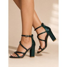 Shimmer Emerald Green Y2K Wedding Dance Rhinestone Cage Strappy 9M Chunky Heels picture