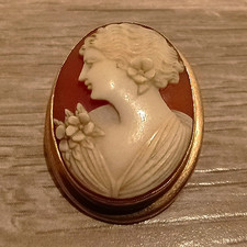 Oval Cameo Lady Portrait Brooch Pin, Gold Tone, White Brown Profile Left Facing picture
