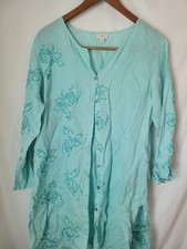 J.Jill Women's Aqua Linen Tunic Top Blouse Size M Embroidered 3/4 Sleeve Button picture