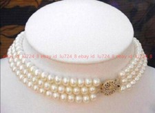 7-8MM Natural 3 Rows White Freshwater Cultured Real Pearl Necklace 17-19