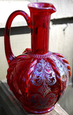 Antique Hand Blown RUBY RED GLASS Pitcher W Twisted Ribs/Sterling Silver Swirls picture
