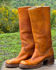 VTG 70s Frye Campus Boots Women 6.5 B Sunrise Orange Tall Square Toe BLACK LABEL picture