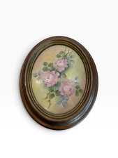 Vintage Victorian Wood Oval Frame Painted Signed Porcelain Rose Art 6