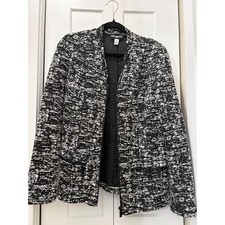 Karl Lagerfeld Paris Womens Black White Textured Knit Zip Front Jacket M picture