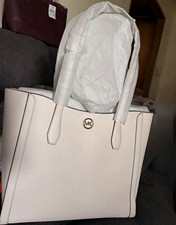 Michael Kors Large Beige Zip Tote Bag MK Logo Gold Hardware Detachable Strap picture