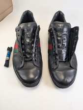 Gucci Ace Mens Black Leather Sneakers Web Stripe Green Size 10/ US 10.5 picture